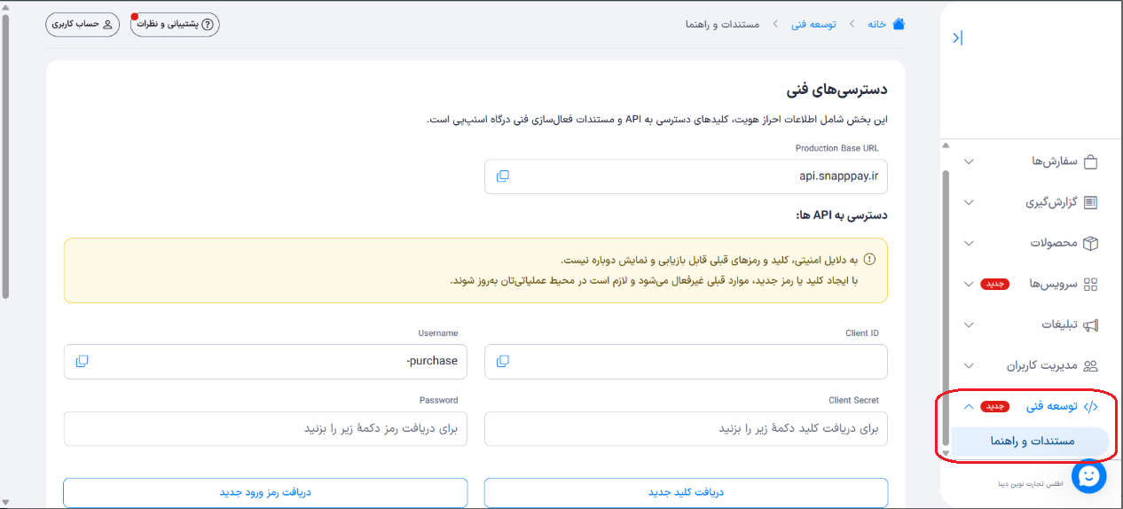 منوی توسعه فنی در پنل پذیرندگان